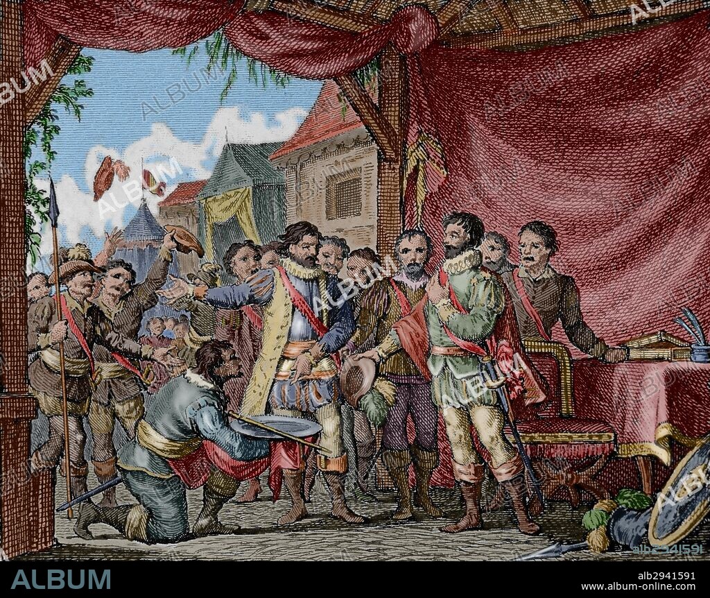 The Truthful History of the Conquest of New Spain by Bernal Diaz del Castillo. The Council of the Villa Rica of the Vera Cruz proposed to appoint of Hernan Cortes as General. Engraving, 1807. Colored.