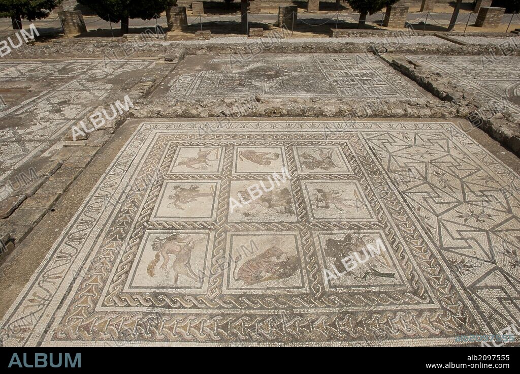 ARTE ROMANO. ESPAÑA. ITALICA. Ciudad fundada hacia 206 a. C., por iniciativa de Cornelio Escipión. Casa del Planetario. Mosaico de Baco y Ariadna. Santiponce. Provincia de Sevilla. Andalucia.