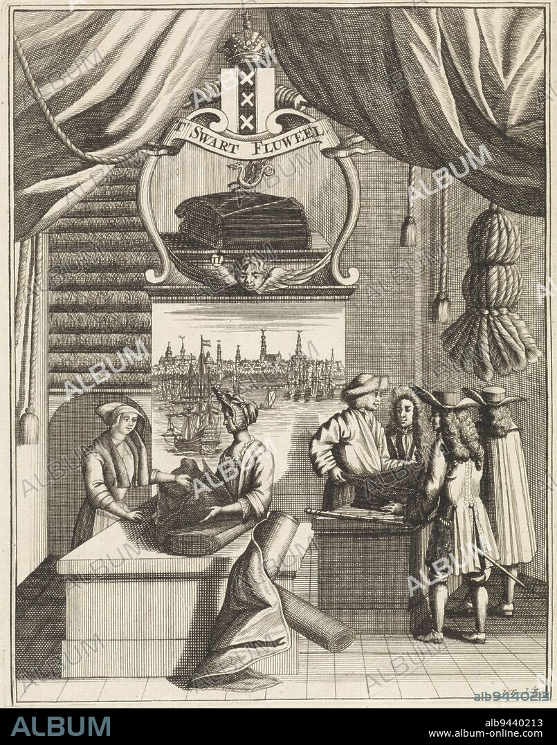 Interior of the fabric store 't Swart Velvet, where rolls of fabric are viewed by some gentlemen, dressed according to the fashion of around 1700. On the left a buying lady and a lady at a counter. In the background a view from the IJ river on Amsterdam and above that the coat of arms of Amsterdam, Interior of a fabric store called 't Swart velvet in Amsterdam T Swart Velvet., print maker: J. Treck, (mentioned on object), Netherlands, c. 1690 - c. 1700, paper, engraving, etching, h 207 mm × w 162 mm.