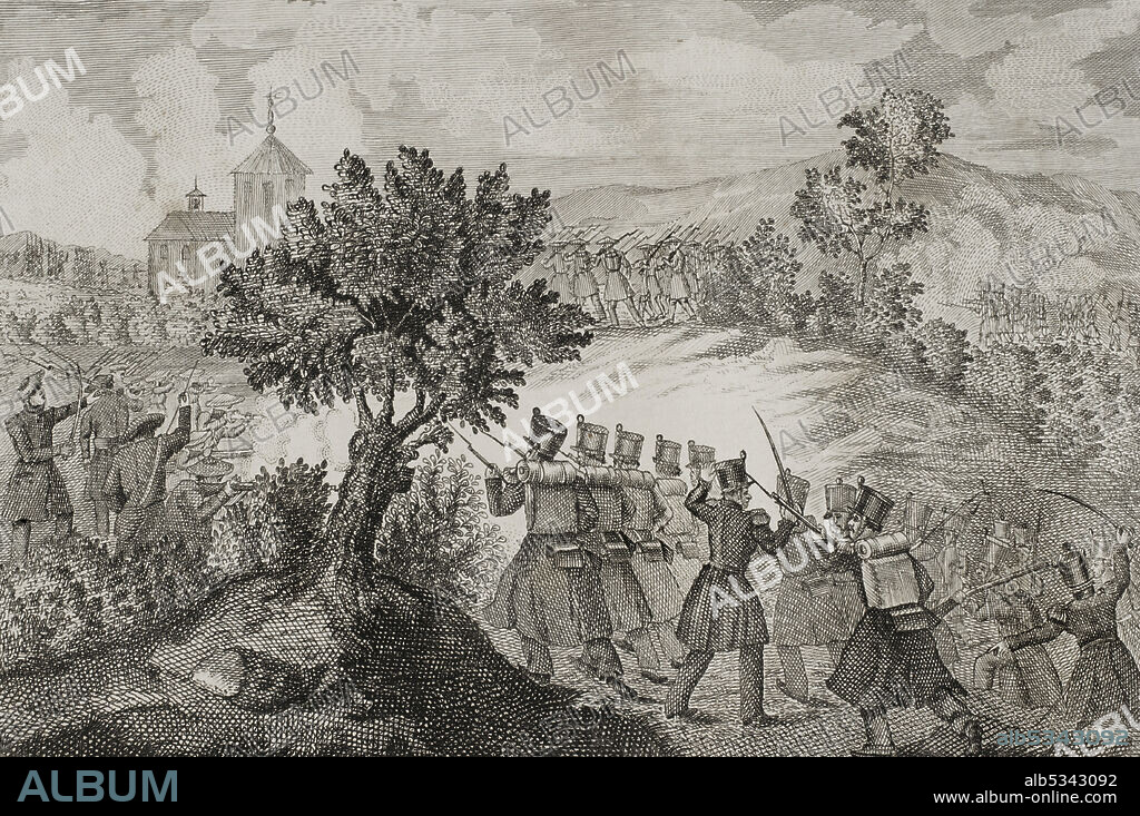 EUSEBIO ZARZA (1842-1881). SPANISH ARTIST. JOSÉ GÓMEZ. SPANISH ENGRAVER. Spain. First Carlist War (1833-1840). Civil war that confronted Carlists, supporters of the Infante Carlos María Isidro de Borbón, against the Isabelinos (Elizabethans), defenders of Isabel II and the regent María Cristina de Borbón. Armed action near La Antigua. Basque Country. Illustration by Zarza. Engraving by José Gómez. Panorama Español, Crónica Contemporánea. Madrid, 1842.