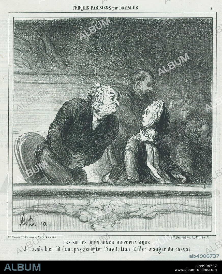 Honoré Daumier, Consequences of a horsemeat dinner, from 'Parisian sketches,' published in Le Charivari, April 8, 1865, 'Parisian sketches' (Croquis Parisiens), Honoré Daumier (French, Marseilles 18081879 Valmondois), April 8, 1865, Lithograph on newsprint; second state of two (Delteil), Image: 9 in. × 8 9/16 in. (22.8 × 21.8 cm), Sheet: 11 7/8 × 10 9/16 in. (30.2 × 26.8 cm), Prints.
