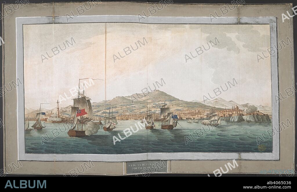 British ships sailing in the Gulf of Genoa in the foreground; a view of the harbour and the city with the Lanterna on the left and the Cathedral on the right beyond, and Forte Sperone on top of Mount Peralto in the background. VEDUTA DELLA CITTÃ€ E PORTO DI GENOVA. [Florence] : presso Gius. Bardi, [between 1780 and 1790]. Hand-coloured etching. Source: Maps K.Top.77.68.f. Language: Italian.