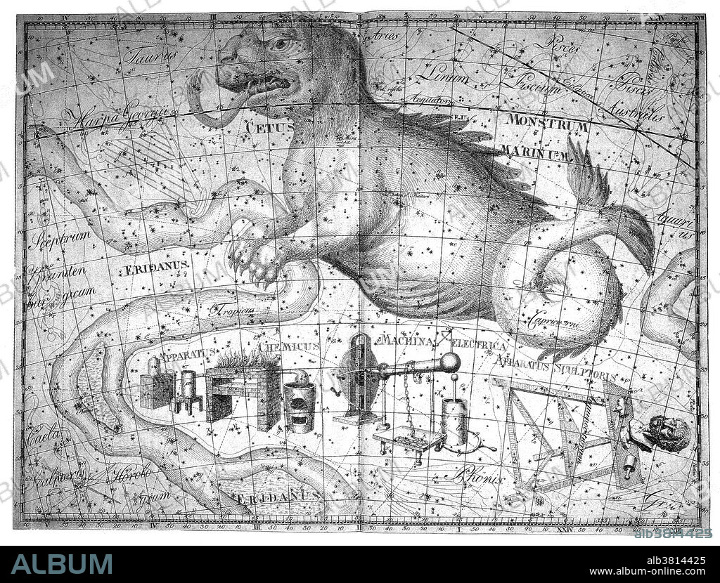 Cetus constellation from Johann Elert Bode's Uranographia sive Astrorum Descriptio, 1801. Cetus is one of the 48 constellations described by the 2nd century astronomer Ptolemy, and remains one of the 88 modern constellations defined by the International Astronomical Union. Its name refers to Cetus, a sea monster in Greek mythology. Cetus may have originally been associated with a whale, which would have had mythic status amongst Mesopotamian cultures. It is often now called the Whale, though it is most strongly associated with Cetus the sea monster, who was slain by Perseus as he saved the princess Andromeda from Poseidon's wrath. Cetus is located in a region of the sky called "The Sea" because many water associated constellations are placed there, including Eridanus, Pisces, Piscis Austrinus, Capricornus, and Aquarius. Cetus has been depicted many ways throughout its history. In the 17th century, Cetus was depicted as a "dragon fish" by Johannes Bayer. Both Willem Jansson Blaeu and Cellarius depicted Cetus as a whale-like creature in the same century. However, Cetus has also been variously depicted with animal heads attached to a piscine body.