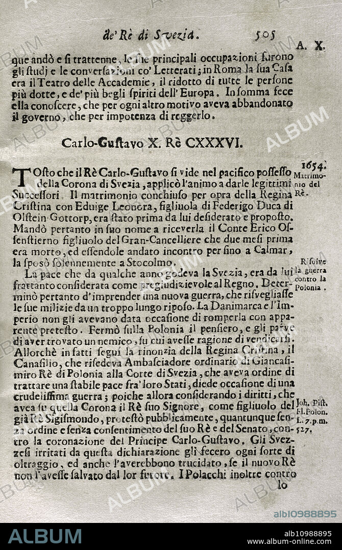 ANTONIO FORESTI (1625-1692). ITALIAN JESUIT AND HISTORIAN.. "Mappamondo Istorico". Tomo V. Parte segunda. Vida de los reyes de Suecia, desde el comienzo de la monarquía hasta el año 1702. Capítulo IV. Dedicado a Carlos X Gustavo (1622-1660), rey de Suecia (1654-1660). Obra del padre Antonio Foresti (1625-1692), de la Compañía de Jesús. Parma, 1709.