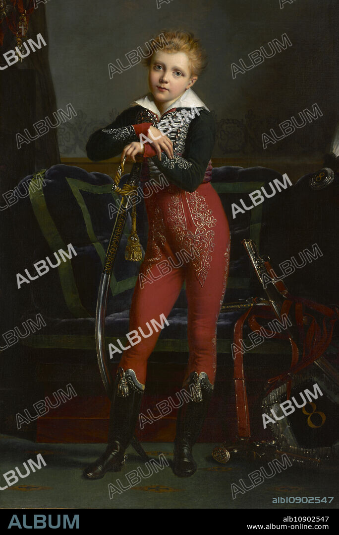 ALEXANDRE-JEAN DUBOIS-DRAHONET. Portrait Of Achille Deban De Laborde, 1817. Painted during the Bourbon restoration, this portrait depicts the son of a fallen Napoleonic hero during a time of anti-imperialism in France. Eight-year-old Achille wears a miniature version of the embroidered Hussar uniform his father, Baron Jean-Baptiste Deban de Laborde, would have worn. His father’s military awards, notably the ceremonial sword and Légion d’honneur hanging in the upper left, surround the young boy. Achille would ultimately rise to the rank of colonel in the French cavalry.