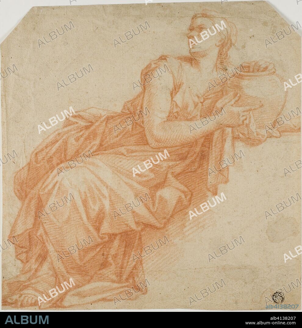 FRANCOIS VERDIER. Draped Woman Holding Urn. François Verdier; French, 1651-1730. Date: 1671-1750. Dimensions: 259 × 253 mm. Red chalk, over traces of black chalk, on tan laid paper. Origin: France.