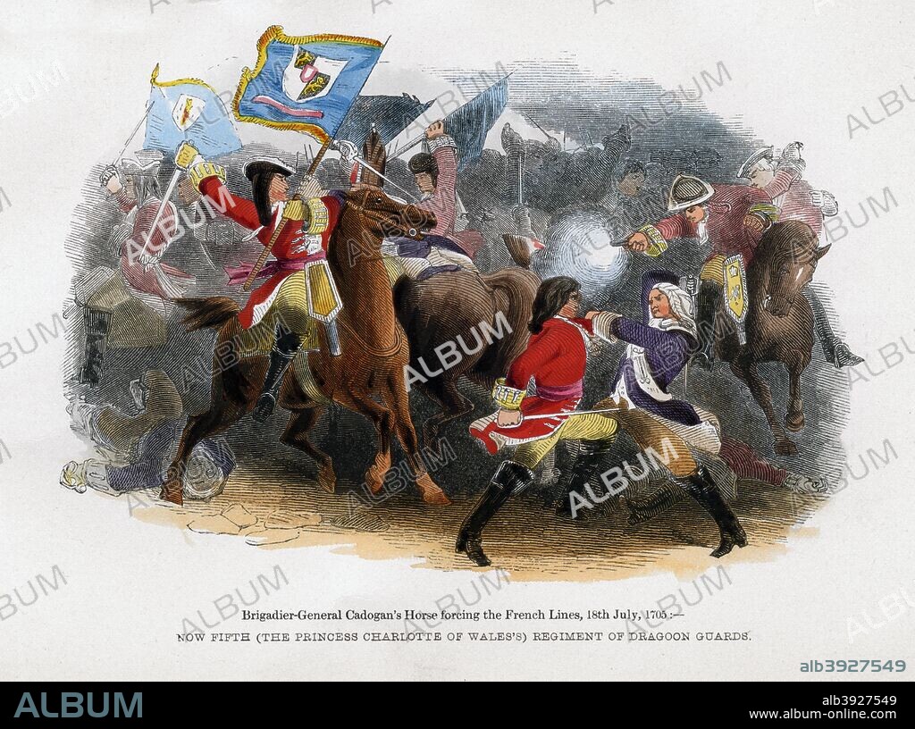 Brigadier-General Cadogan's Horse forcing the French Line, Battle of Elixheim, 18th July 1705. Fought in Brabant in modern Belgium, Elixheim was a battle in the War of the Spanish Succession. Also known as the Passage of the Lines of Brabant, the engagement saw Marlborough's British and allied forces break through the line of French defensive fieldworks that stretched from Antwerp to Namur.