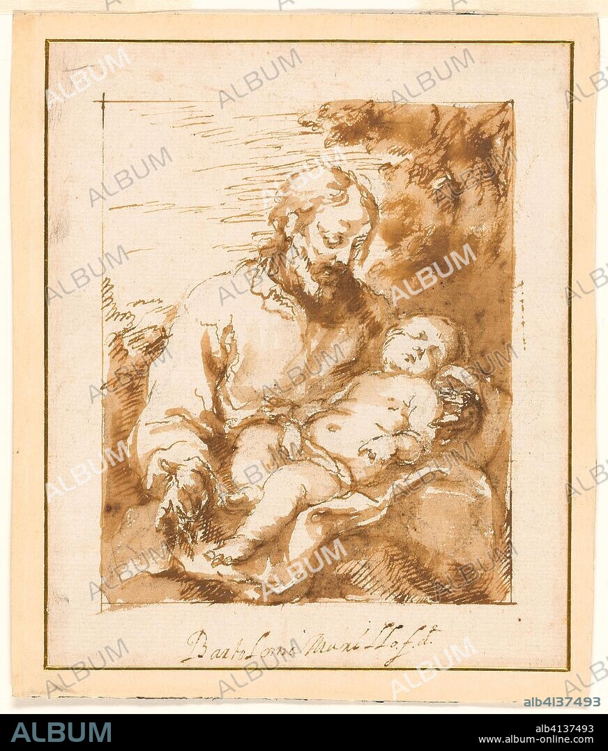 BARTOLOME ESTEBAN MURILLO. Saint Joseph and the Sleeping Christ Child. Bartolomé Estéban Murillo; Spanish, 1618-1682. Date: 1670-1675. Dimensions: 164 x 136 mm (primary support); 179 x 153 mm (secondary support). Pen and brown ink, with brush and brown wash, over black chalk, on ivory laid paper, laid down on beige wove card. Origin: Spain.