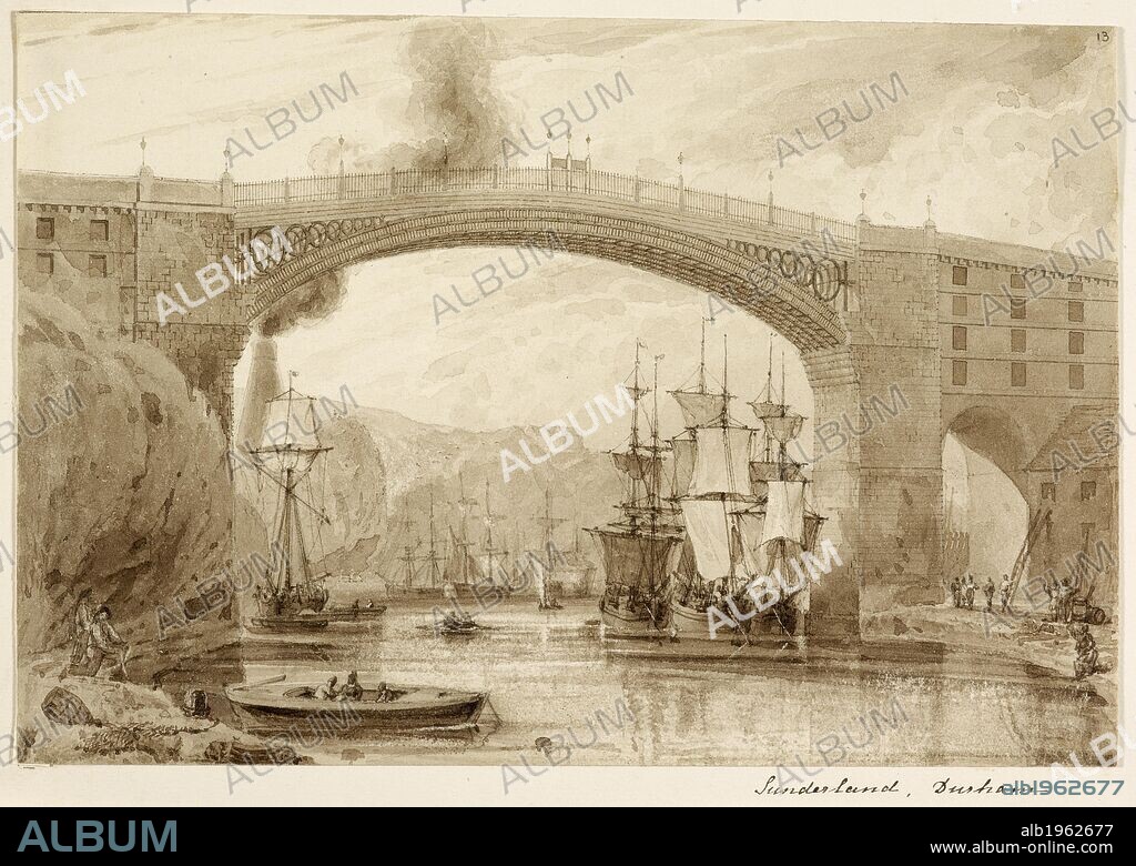 An architectural drawing of the large railway bridge over the river Wear at Sunderland, Durham. An early iron bridge opened in 1796. Tall ships on river. . BLORE DRAWINGS: architectural and topographical drawings by Edward Blore. England 1811. 42000-42047. BLORE DRAWINGS: architectural and topographical drawings  by Edward Blore (1787-1879), architect and antiquary, unsigned and un-  dated (with a very few exceptions), but in many cases made for, or used in,  his father's (Thomas Blore's) History of Rutland, i, part ii, 1811; for Surtees's  History and Antiquities of Durham, 1816-1840; for his own Monumental  Remains of Noble and Eminent Persons, 1826; for Sir Walter Scott's The  Provincial Antiquities and Picturesque Scenery of Scotland, 1826; and for other  similar publications. Some of the drawings have notes or measurements in  Blore's hand. Source: Add. 42016 No.13. Language: English.