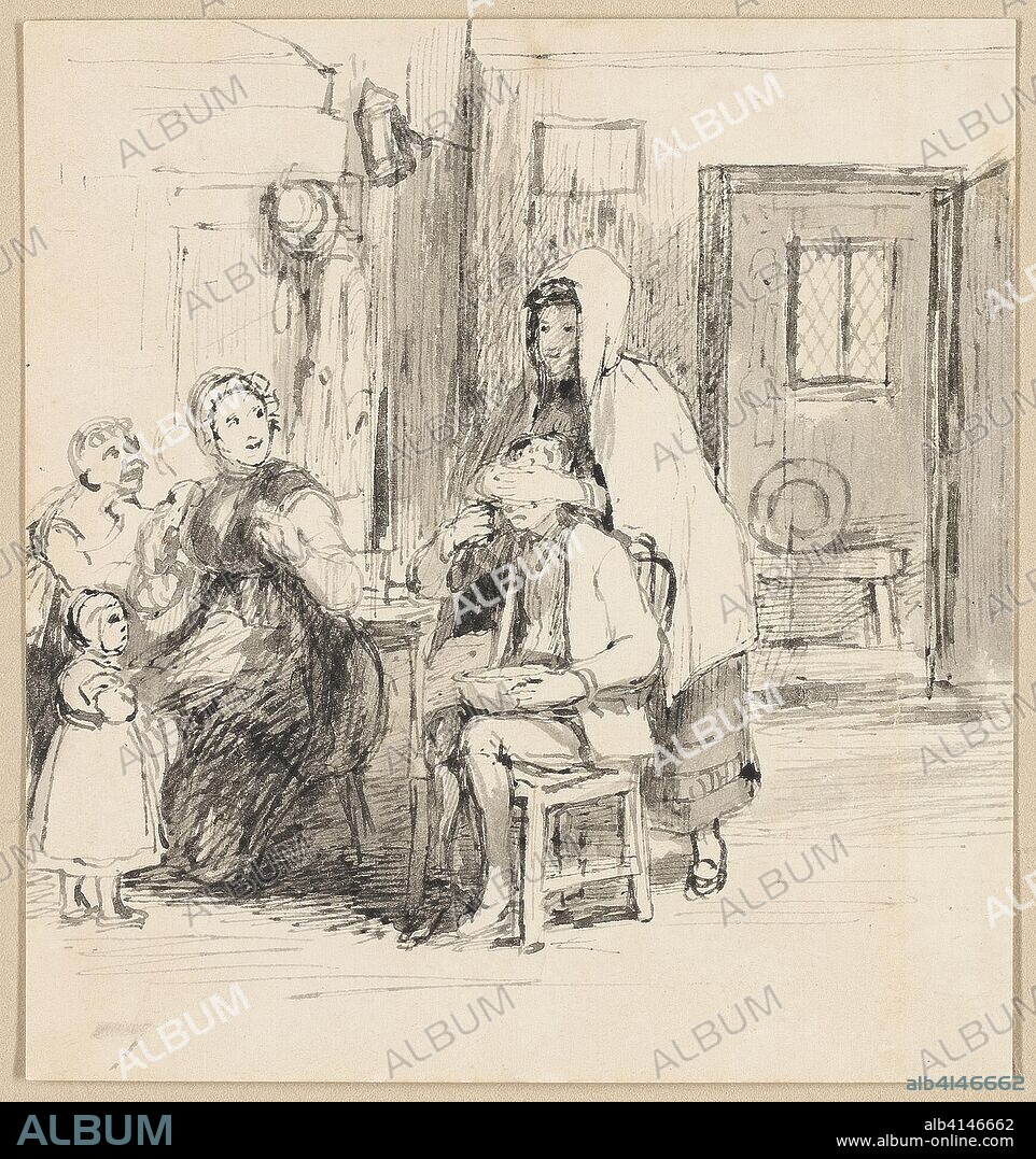 Guess My Name. Sir David Wilkie; Scottish, 1785-1841. Date: 1816-1826. Dimensions: 108 x 100 mm (primary support); 120 x 116 mm (secondary support); 267 x 203 mm (tertiary support). Brush and gray wash on off-white wove paper, discolored to beige, laid down on off-white wove card with gilt border, laid down on cream laid paper. Origin: United Kingdom.