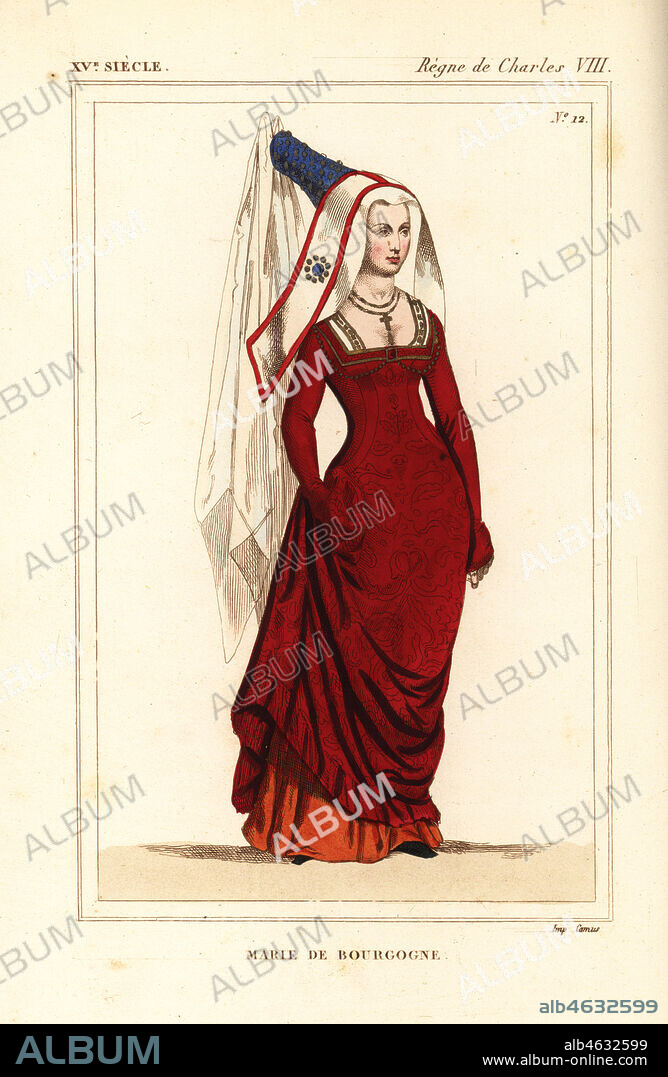 Mary Duchess of Burgundy, Marie de Bourgogne, wife to Holy Roman Emperor Maximilian I 1457-1482. Handcoloured lithograph after a painting in the school of Jan Van Eyck from Le Bibliophile Jacob aka Paul Lacroix's Costumes Historiques de la France (Historical Costumes of France), Administration de Librairie, Paris, 1852.