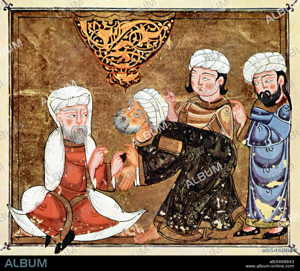 Maqama (literally 'assemblies') are an (originally) Arabic literary genre of rhymed prose with intervals of poetry in which rhetorical extravagance is conspicuous. The 10th century author Badi' al-Zaman al-Hamadhani is said to have invented the form, which was extended by al-Hariri of Basra in the next century. Both authors' maqamat center on trickster figures whose wanderings and exploits in speaking to assemblies of the powerful are conveyed by a narrator. Manuscripts of al-Hariri's Maqamat, anecdotes of a roguish wanderer Abu Zayd from Saruj, were frequently illustrated with miniatures.