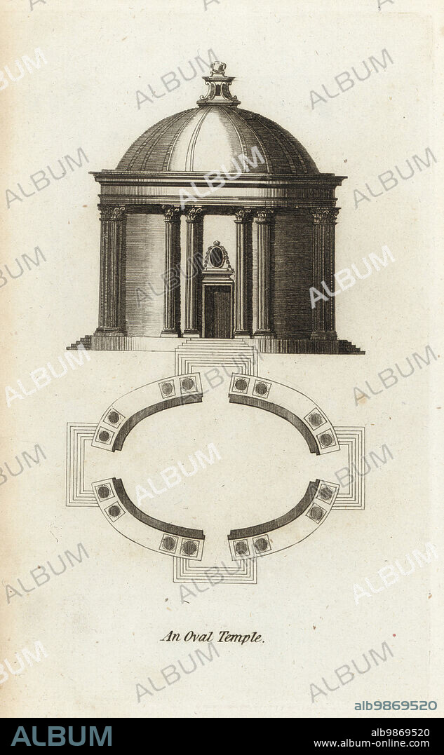 Plan and elevation of an oval temple to Venus, ancient Rome. Dome with four doors and 16 columns. Copperplate engraving from Francis Fitzgeralds The Artists Repository and Drawing Magazine, Charles Taylor, London, 1785.