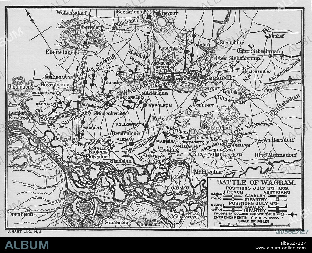 'Battle of Wagram, positions July 5th 1809', (1896). The Battle of Wagram was fought between the French and allied army of Napoleon Bonaparte (1769-1821) and the Austrian army under the command of Archduke Charles of Austria-Teschen, in Deutsch-Wagram, Austria. From Life of Napoleon Bonaparte, Volume III, by William Milligan Sloane. [The Century Co., New York, 1896].