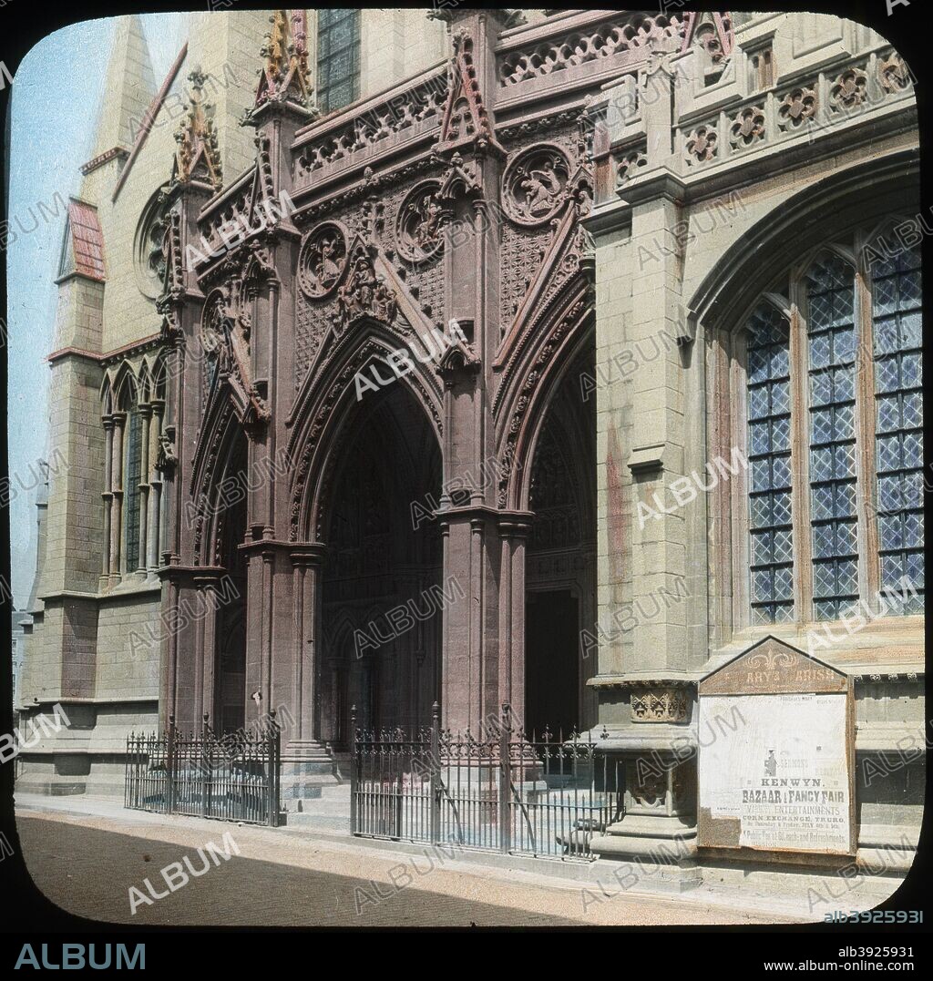 Porch of Truro Cathedral, Cornwall, early 20th century. Built in the Gothic Revival architectural style, Truro was the first new cathedral to be built in England since Salisbury Cathedral, which was begun in 1220. Construction commenced in 1880 and was completed in 1910. The building was designed by the church architect John Loughborough Pearson. Lantern slide.