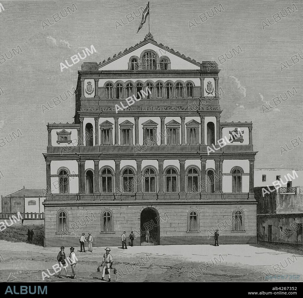 Isla de Gran Canaria. Las Palmas de Gran Canaria. Fachada principal del Teatro de Tirso de Molina. Grabado por Bernardo Rico (1825-1894). La Ilustración Española y Americana,8 de diciembre de 1881.