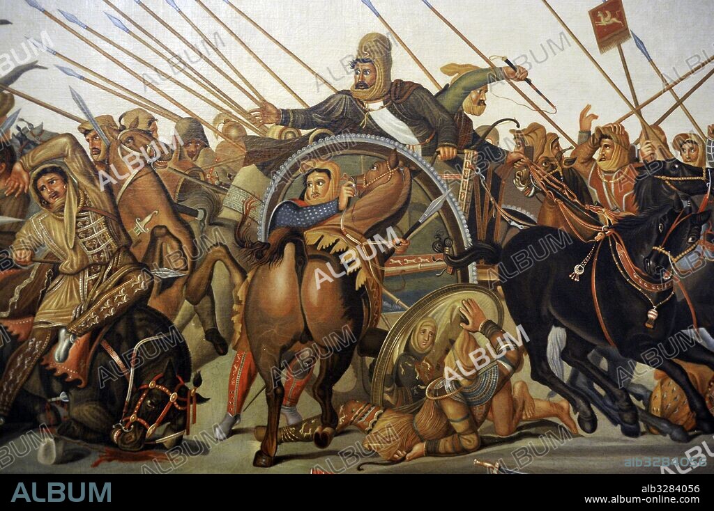 Modern reconstruction of Battle of Issus, between Alexander the Great and the Achaemenid Empire, Darius III. Painting. National Archaeological Museum, Naples. Italy.