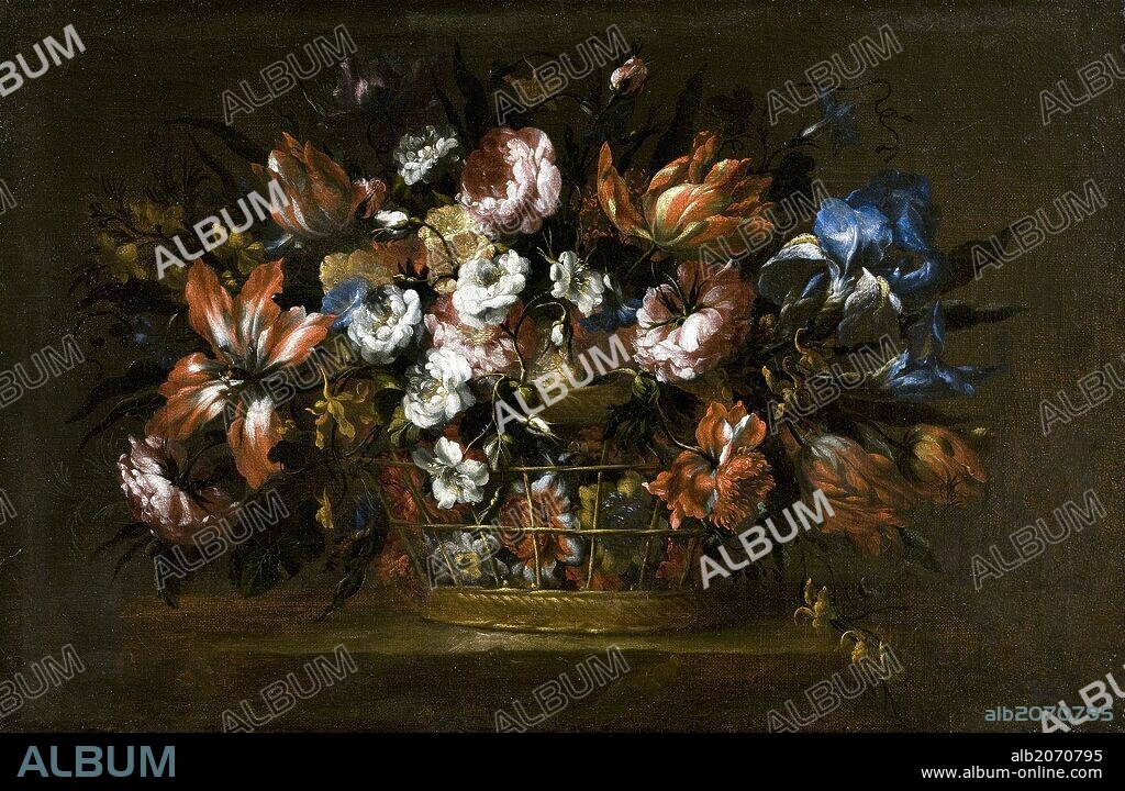 BARTOLOMÉ PÉREZ. Bartolomé Pérez / 'Florero en un canastillo', 17th century, Spanish School, Oil on canvas, 53 cm x 82 cm, P05307.