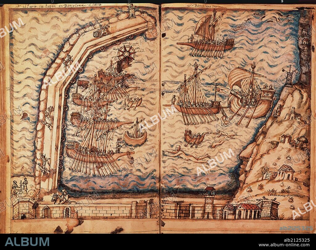 HISTORIA DE CATALUÑA. EDAD MODERNA. PUERTO DE BARCELONA DURANTE SU CONSTRUCCION EN EL SIGLO XVI. Dibujo en el que se ven los constructores del puerto, naves, barcas, bañistas, y los baluartes de levante, poniente, Montjuïch y las Atarazanas. "Libro de Armas y Blasones de Diversos Linajes". Biblioteca Nacional. Madrid. España.