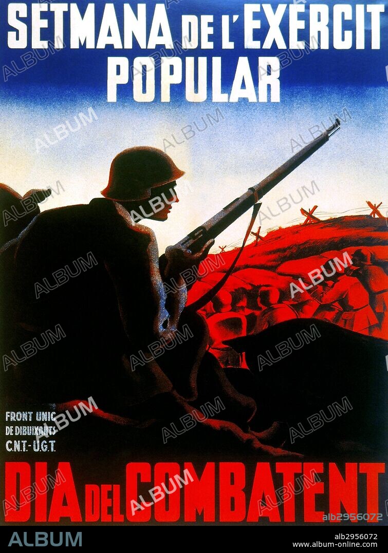 GUERRA CIVIL ESPAÑOLA (1936-1939). CARTEL PROPAGANDISTICO "SETMANA DEL EXERCIT POPULAR. DIA DEL COMBATENT" (SEMANA DEL EJERCITO POPULAR. DIA DEL COMBATIENTE). Año 1937. Editado por el Front Unic de Dibuixants CNT-UGT (Frente Unico de Dibujantes) .
