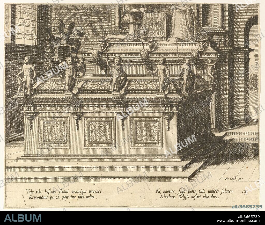 Coenotaphiorum (13). Artist: Hans Vredeman de Vries (Netherlandish, Leeuwarden 1527-1606 (?)  Antwerp (?)); Engraved by Johannes van Doetecum the elder (Netherlandish, active 1554-ca. 1600, died 1605); Engraved by Lucas van Doetecum (Netherlandish, active 1554-72, died before 1589). Dimensions: sheet: 6 9/16 x 8 1/4 in. (16.7 x 21 cm). Publisher: Hieronymus Cock (Netherlandish, Antwerp ca. 1510-1570 Antwerp). Date: 1563.
Freestanding tomb in an interior characterized by naked children carrying a lance and a shield standing on consoles along the edges of the tomb. Behind the tomb is a second funerary monument with the effigies of a kneeling man and woman, flanked on the left by a painting of Christ carrying the Cross. On the right side another room with two people in it is visible through an archway.  Below the image a Latin inscription is added consisting of four lines, divided over two columns.