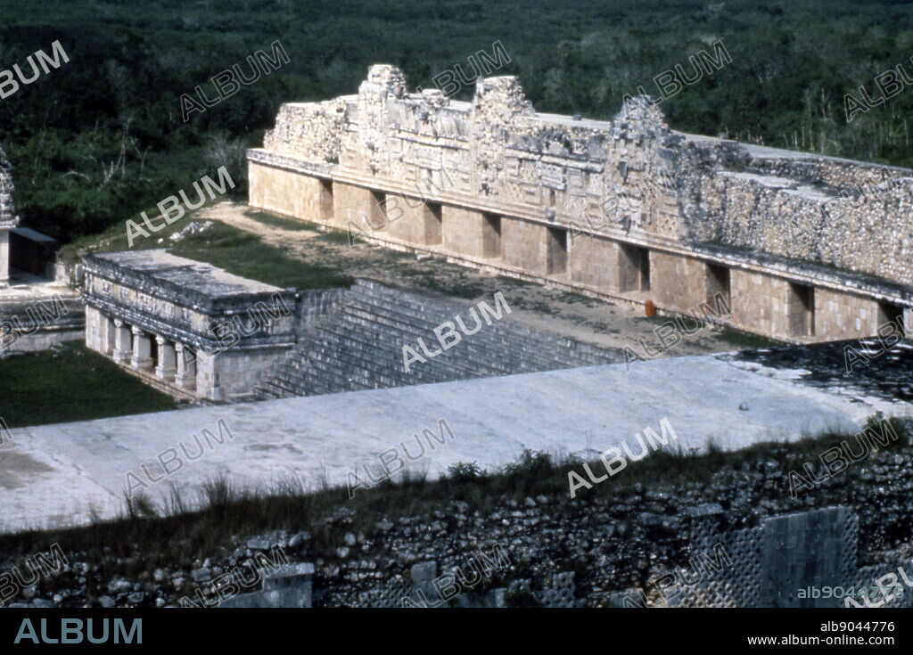 Nunnery at Uxmal, an ancient Maya city of the classical period in present-day Mexico. considered one of the most important archaeological sites of Maya culture. the building is typical of the Puuc style, with smooth low walls that open on ornate friezes. Most of the city's major construction took place while Uxmal was the capital of a Late Classic Maya state around 850-925 AD. After about 1000 AD, Toltec invaders took over. The Nunnery Quadrangle (a nickname given to it by the Spanish; it was a government palace) is the finest of Uxmal's several fine quadrangles of long buildings. It has elaborately carved facades on both the inside and outside faces.