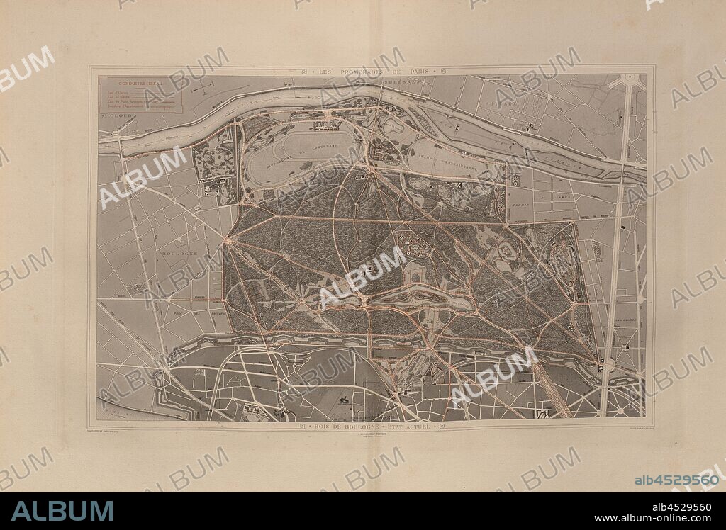 Bois de Boulogne, current state, Map of the streets of Bois de Boulogne (Paris) from the 19th century, signed: Dardoiz et Antoine, Del, J. Rotschild, Éditeur; Gravé by F. Lefèvre, Fig. 3, p. 15, Dardoize (del.); Antoine (del.); Rotschild, J. (ed.); F. Lefèvre (grav.), Adolphe Alphand: Les promenades de Paris [...]. Planches. Paris: par J. Rothschild, 1867.