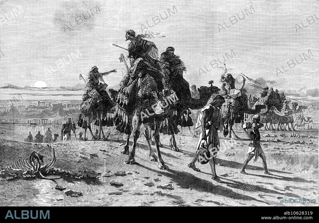 A Departure from Palmyra, by Carl Haag, in the exhibition of the Society of Painters in Water Colours, 1862. 'We have rarely seen a drawing so small as that we have engraved so full of life, character, and couleur locale. We seem to be actually present amid all the bustle, excitement, shouting, and tom-tom playing of the Arab caravan as it starts on its journey in the cool night from the halting-place among the colossal columns and gigantic ruins of the great city of the desert, behind which we see the sun sinking in unclouded splendour. The camels, with their well-stocked and well- balanced panniers, gaily caparisoned and heavily betasselled, seem to share the general excitement as they toss about their very queer but very sagacious-looking heads and sniff the cooling evening air. The foremost mounted Arab with the long nargileh, giving directions to the Nubian behind and preceded by the black boy and a water-carrier, also provided with a pipe, appears to be the chief of the tribe or party. A woman, his wife, probably, and her child are mounted on another camel. Her face is masked by the bourkh or face-veil worn in the East'. From "Illustrated London News", 1862.