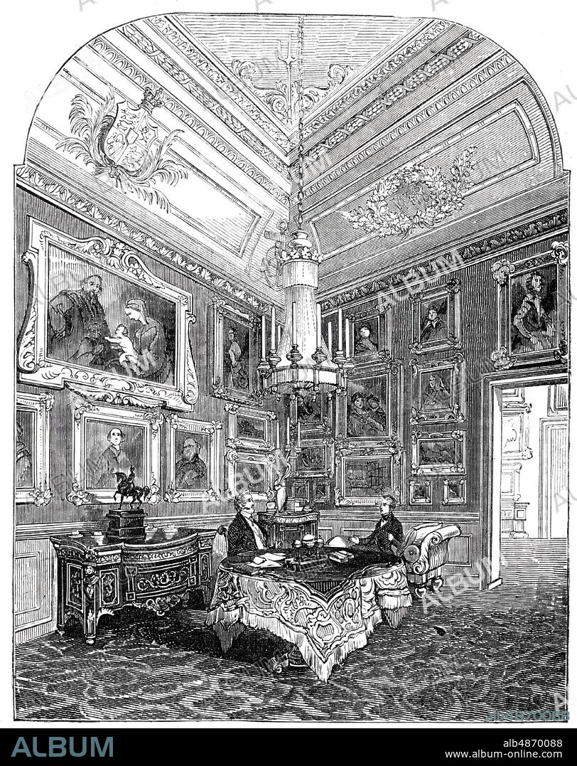 STEPHEN SLY. Visit of the King of the French to Queen Victoria - The King's Closet, Windsor Castle, 1844. Louis Philippe, King of France, was a guest of the Queen. 'Of all the rooms devoted to the use of the King, this was, perhaps, the most comfortable, but yet the most gorgeous, in its decorations. It is of small size, and consequently was not overloaded with furniture - a rich cabinet, a sofa, three or four chairs and a pillar table, being the only large articles it contained. The prevalent colour of the room was crimson, the carpet, window-hangings, walls, &c., being of varied tints of that most regal colour....'. From "Illustrated London News", 1844, Vol I.