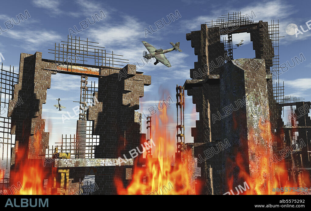 German Ju 87 Stuka dive bombers attacking a city during World War II.