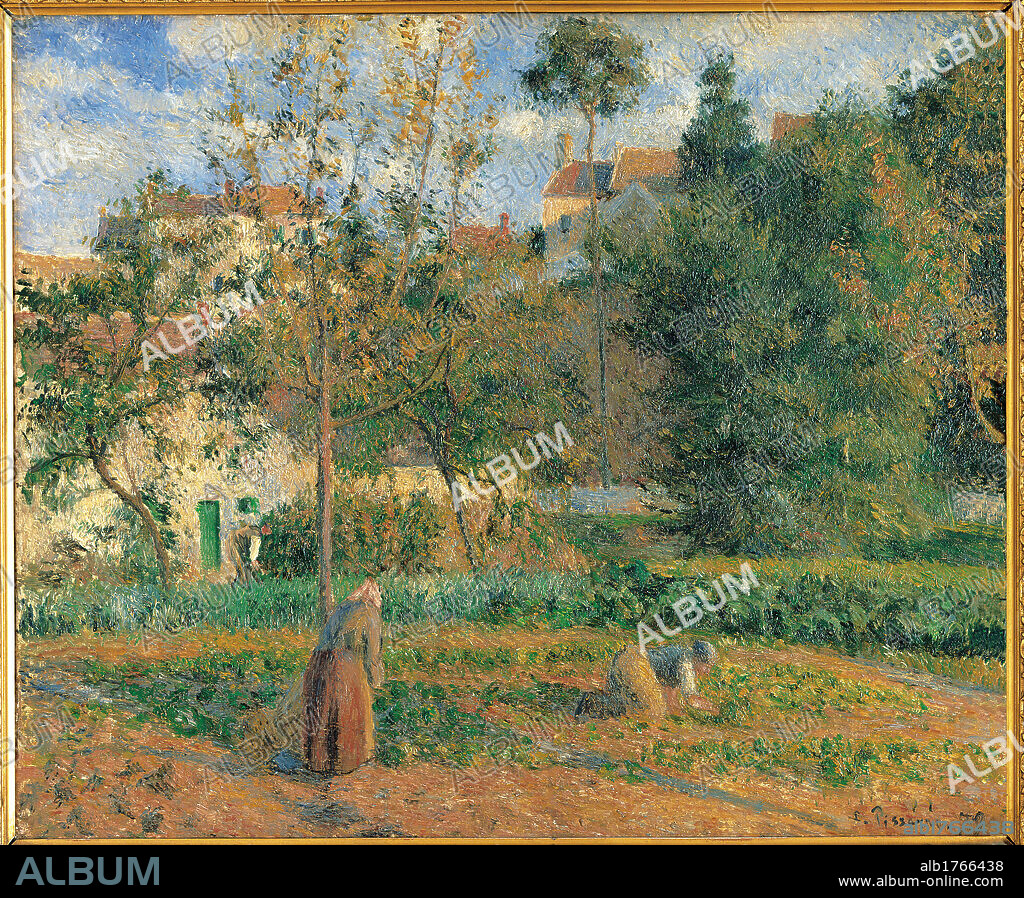 Vegetable Garden at the Hermitage, Pontoise, by Camille Pissarro, 1879, 19th Century, oil on canvas, cm 55,5 x 65. France, Ile de France, Paris, Muse dOrsay, RF1937-48. All. Vegetable garden at the Hermitage, Pontoise garden woman landscape trees shadows earth brown houses green houses.