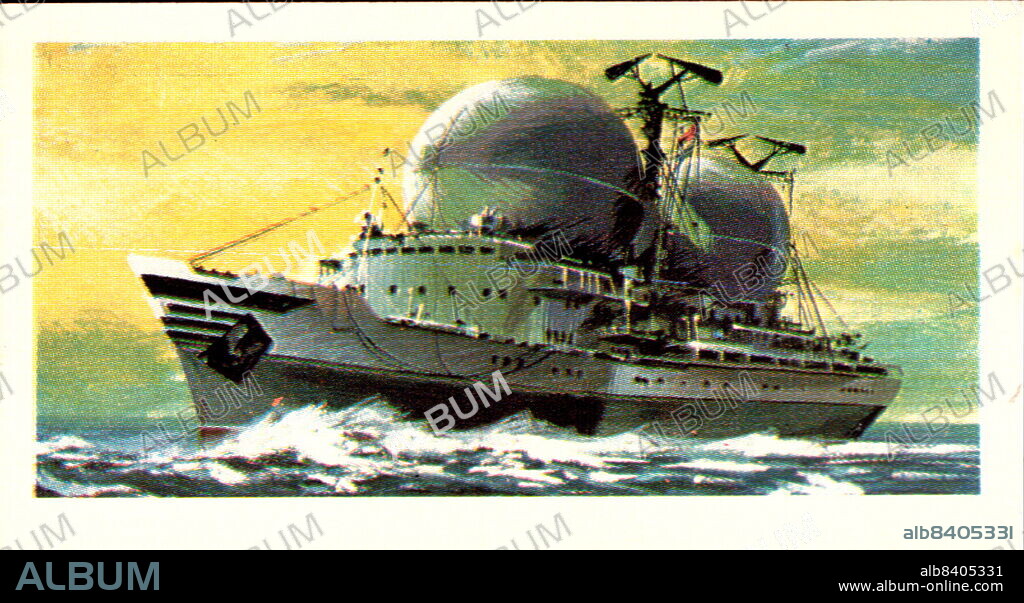 from a series of cards for Brooke Bond Tea; 1973; "The Race into Space", illustrated by David Lawson; illustrated colour image of Soviet space tracking which maintains contact the space probes on route to Venus and Mars (A series of 50 cards, no. 30).