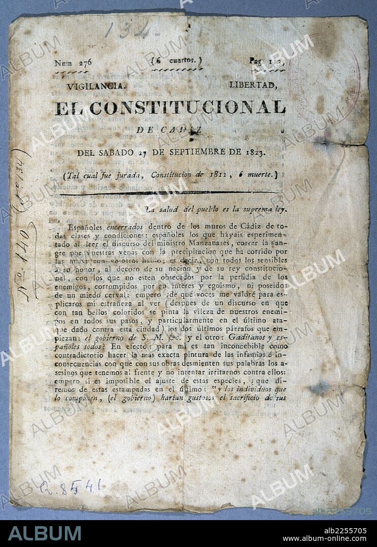 " EL CONSTITUCIONAL DE CADIZ ". PERIODICO DEL SIGLO XIX. MUSEO HISTORICO MUNICIPAL. CADIZ.