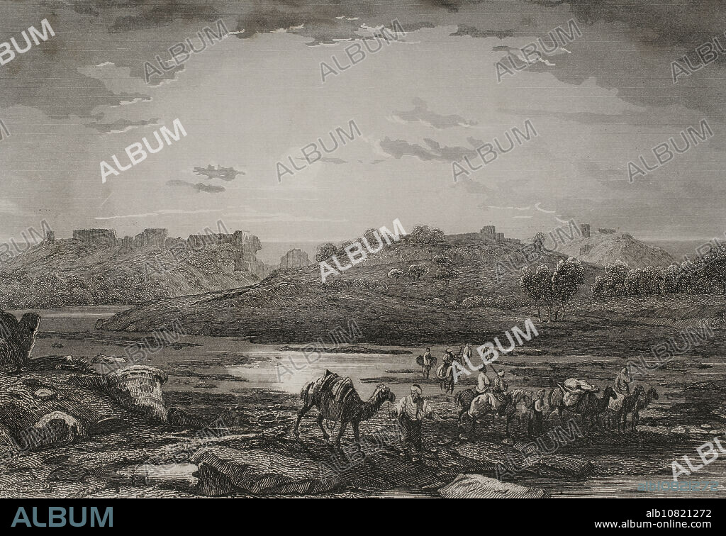 Ascalón. Grabado por Ransonnette. "La Tierra Santa y los lugares recorridos por los profetas, por los apóstoles y por los cruzados". Publicada en Barcelona, imprenta de Joaquín Verdaguer, 1840.