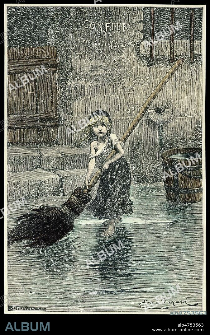 Les Miserables de Victor HUGO : le personnage de COSETTE enfant, faisant le menage devant la maison des Thenardiers. Au dessus de l'enfant on peut lire la devise :' Confier c'est quelquefois livrer'... Gravure d'Emile Bayard ( vers 1880 ) mise en couleurs par nos soins. Credit Collection Kharbine Tapabor.