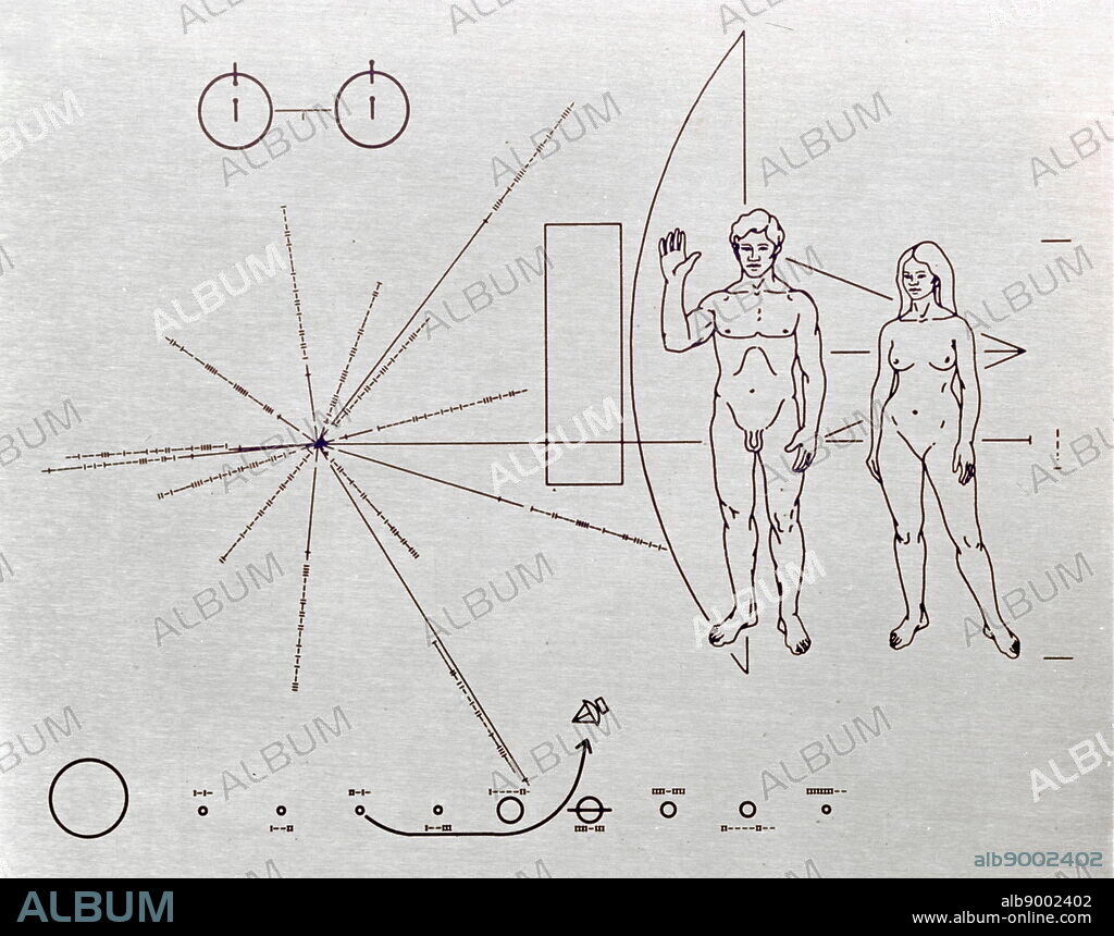 Plaque depicting the spacecraft Pioneer 10, the first spacecraft to leave our solar system designed by Dr Carl Sagan and Frank Drake. Dr Carl Sagan (1934-1996) an American astronomer, cosmologist, astrophysicist, astrobiologist, author, science populariser, and science communicator in astronomy. Frank Donald Drake (1930-) an American astronomer and astrophysicist. Dated 20th Century.