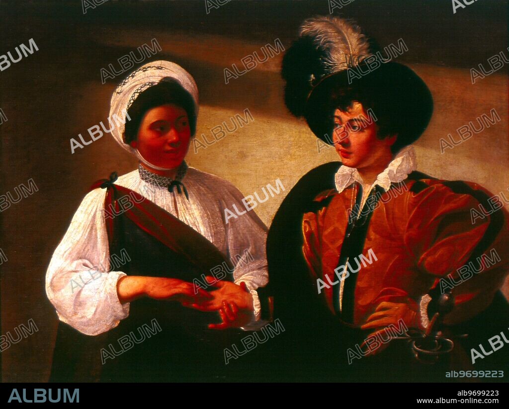 The FortuneTeller c.1596-97 (oil on canvas) . Caravaggio. Louvre, Paris. Michelangelo Merisi da Caravaggio (29 September 1571 - 18 July 1610) was an Italian artist active in Rome, Naples, Malta and Sicily between 1593 and 1610. He is commonly placed in the Baroque school, on which he had a formative influence.. ©TopFoto.
