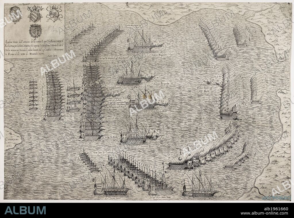 A representation of the engagement in the Gulf of Lepanto, Oct. 7th 1571, between the combined Spanish and Italian fleets under Don John of Austria and the Turks. Roma, 1571. Source: Maps.C.7.e.2, sheet 38.