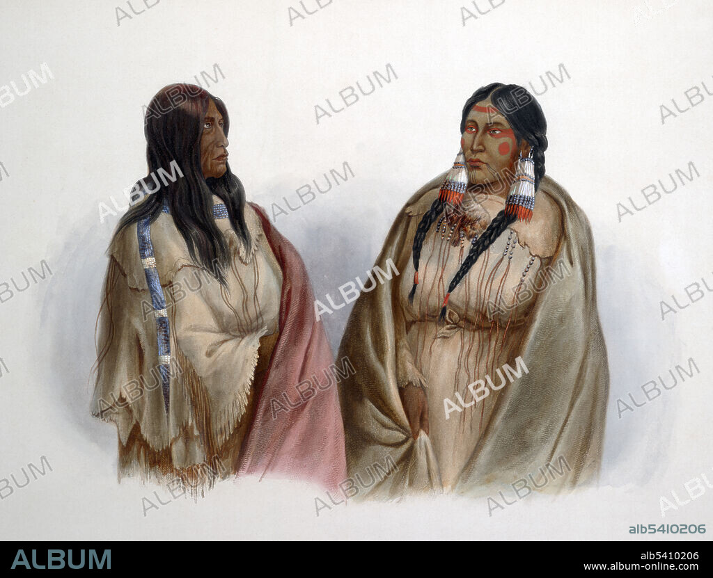 From left of right, woman of the Snake tribe, woman of the Cree tribe. Snake Indians is a collective name given to the Northern Paiute, Bannock, and Shoshone Native American tribes. The Cree are one of the largest groups of First Nations in North America, with over 200,000 members living in Canada. In the United States, this Algonquian-speaking people historically lived from Lake Superior westward. Today, they live mostly in Montana, USA. Voyage dans l'interieur de l'Amerique du Nord, execute pendant les annees 1832-34. Karl Bodmer (February 11, 1809, October 30, 1893) was a Swiss printmaker, lithographer, painter, illustrator and hunter. He accompanied the German explorer Prince Maximilian zu Wied-Neuwied on his Missouri River expedition. Bodmer was hired as an artist to record images of cities, rivers, towns and peoples they saw along the way, including the many tribes of Native Americans along the Missouri River and in that region.