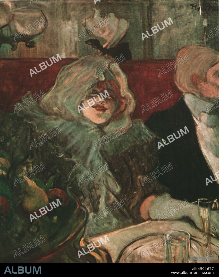 HENRI DE TOULOUSE LAUTREC. 'In a Private Dining Room (At the Rat Mort)', c1899, (1952). A high-class prostitute, probably Lucy Jourdain, at the café-restaurant Le Rat Mort (the Dead Rat) in Paris. Painting in the Courtauld Gallery, London. From "Henri De Toulouse-Lautrec" by Douglas Cooper. [Thames and Hudson, London, 1952].