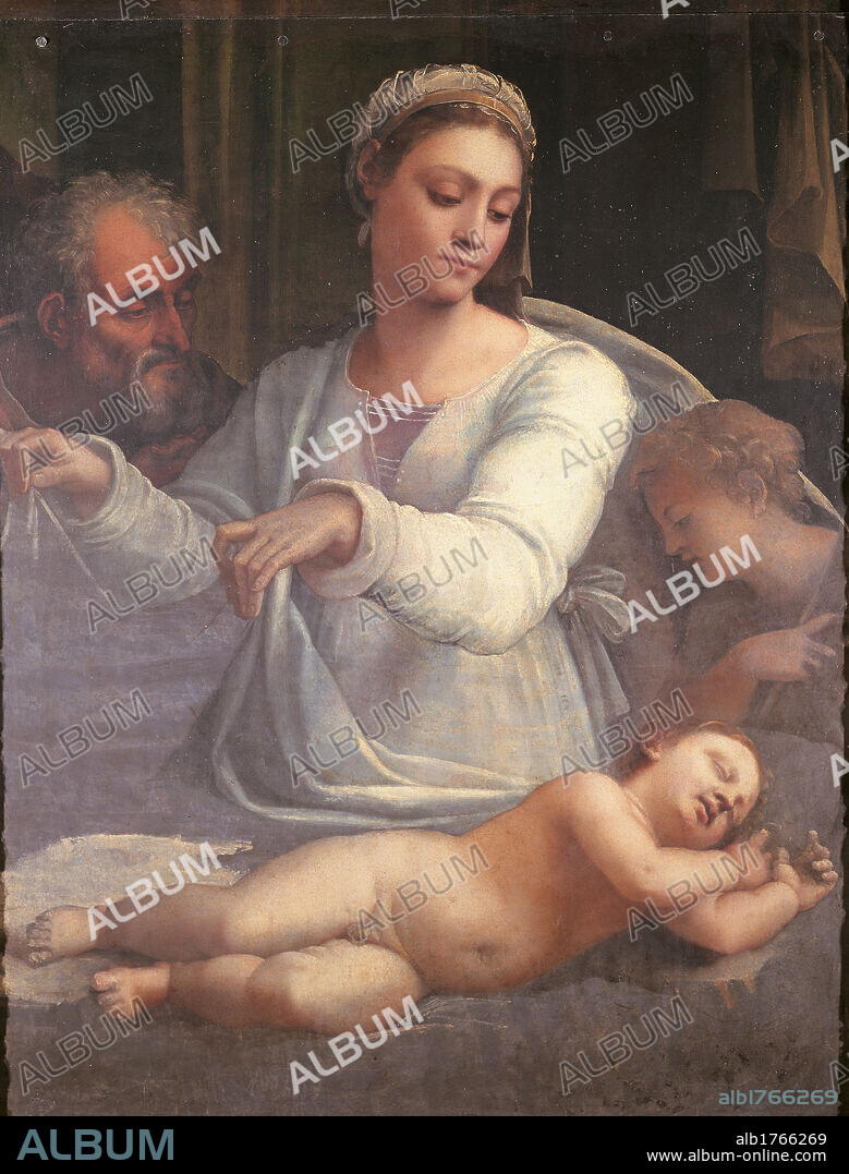 Madonna of the Veil, by Sebastiano Luciani known as Sebastiano del Piombo, 1533-1535 about, 16th Century, oil on slate, cm 112 x 88. Italy, Campania, Naples, Capodimonte National Museum and Galleries. All. Holy Family Madonna St Joseph child angel dim light sleep veil garment. Authorization required for non editorial use.