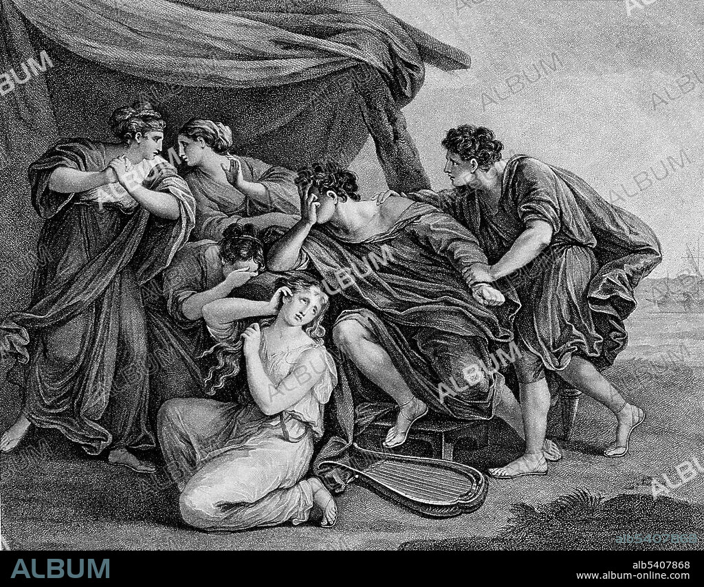 Achilles mourning the death of Patroclus. In Greek mythology, Achilles was a Greek hero of the Trojan War, the central character and the greatest warrior of Homer's Iliad. Patroclus was the son of Menoetius, grandson of Actor, King of Opus, and was Achilles' beloved comrade and brother-in-arms.  The exact nature of Achilles' relationship with Patroclus has been a subject of dispute in both the classical period and modern times. Mezzotint by William Wynne Ryland after Angelica Kauffman, 1777.