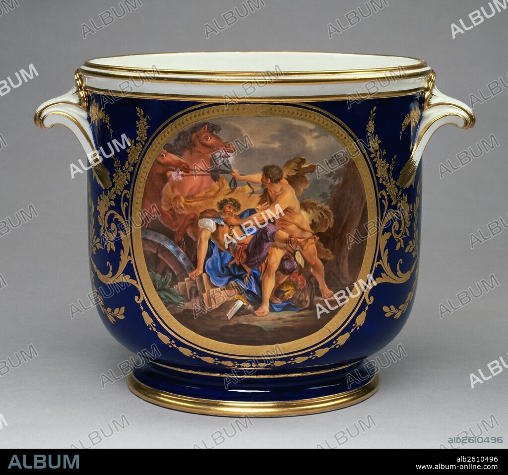 Wine Bottle Cooler (seau à bouteille ordinaire); Painted decoration attributed to Charles-Eloi Asselin, French, 1742 - 1803, active 1765 - 1803, Model originally by Jean-Claude Duplessis père, French, about 1695 - 1774, active Sèvres, France 1745/1748 - 1774, Reserve "Mentor at Salentum" from engraving by Jean-Baptiste Tilliard, French, 1686 - 1766, after a painting by Charles Monnet, French, 1732 - after 1808, Reserve scene "Hercules" based on engraving by Georg Haas, after a painting by Jean-Baptiste-Marie Pierre, French, 1713 - 1789, Gilding attributed to Etienne-Henri Le Guay, French, 1719/1720 - about 1799, active 1748 - 1749, 1751 - 1796, Sèvres Manufactory, French, active 1756 - present; Sèvres, France, Europe; 1790; Soft-paste porcelain, with beau bleu ground color, polychrome enamel decoration and gilding; Object: 18.9 x 25.9 cm (7 7/16 x 10 3/16 in.).