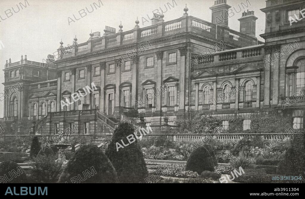 'Harewood House, The Residence of the Rt. Hon. The Earl of Harewood', c1913. Harewood House, near Leeds, West Yorkshire. Designed by John Carr and Robert Adam, this Palladian house was built by Edwin Lascelles between 1759 and 1771. The gardens were landscaped by Lancelot 'Capability' Brown. From The Connoisseur 1913, edited by J. T. Herbert Baily. [Otto Limited, London, 1913].