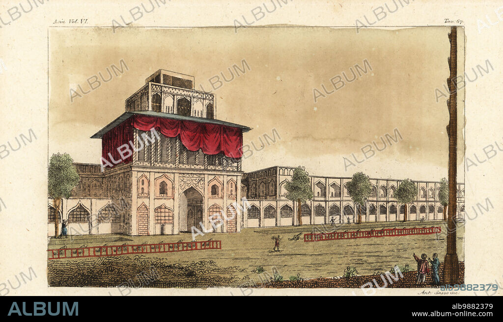 The Ali Qapu Palace, or Imperial Palace, in Isfahan, Iran. Built by Shah Abbas I in the early 17th century. Palazzo Reale. Handcoloured copperplate engraving by Giovanni Antonio Sasso from Giulio Ferrarios Costumes Ancient and Modern of the Peoples of the World, Il Costume Antico e Moderno, Florence, 1847.