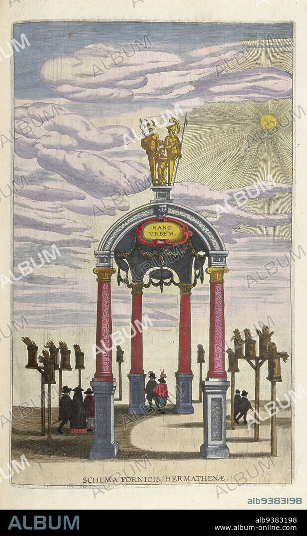 Small triumph gate with hermen, 1599, Schema fornicis hermathenae (title on object), Small triumph gate with hermen, December 1599. Triumph gate on top decorated with hermen of Mercury and Minerva. In the open air with a radiant sun. During the entry into Antwerp. Part of: Historica narratio profectionis et inaugurationis serenissimorum Belgii principum Alberti et Isabellae Austriae archiducum, the description of the couple's entries into Brussels, Antwerp, Ghent and Valenciennes, 1599., print maker: anonymous, publisher: Johannes Moretus (I), print maker: Southern Netherlands, publisher: Antwerp, 1599, paper, engraving, height 324 mm × width 201 mm.