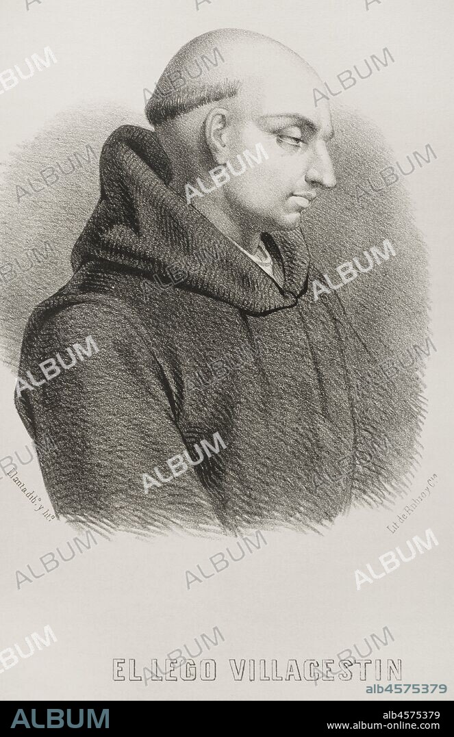 Fray Antonio de Villacastín (1512-1603). Religioso de la Orden de San Jerónimo y aparejador español. Fue director de las obras del Monasterio de El Escorial. Dibujo por Llanta. Litografía. Crónica General de España, Historia Ilustrada y Descriptiva de sus Provincias. Castilla-La Vieja,1870. Biblioteca Histórico Militar de Barcelona, Cataluña, España.