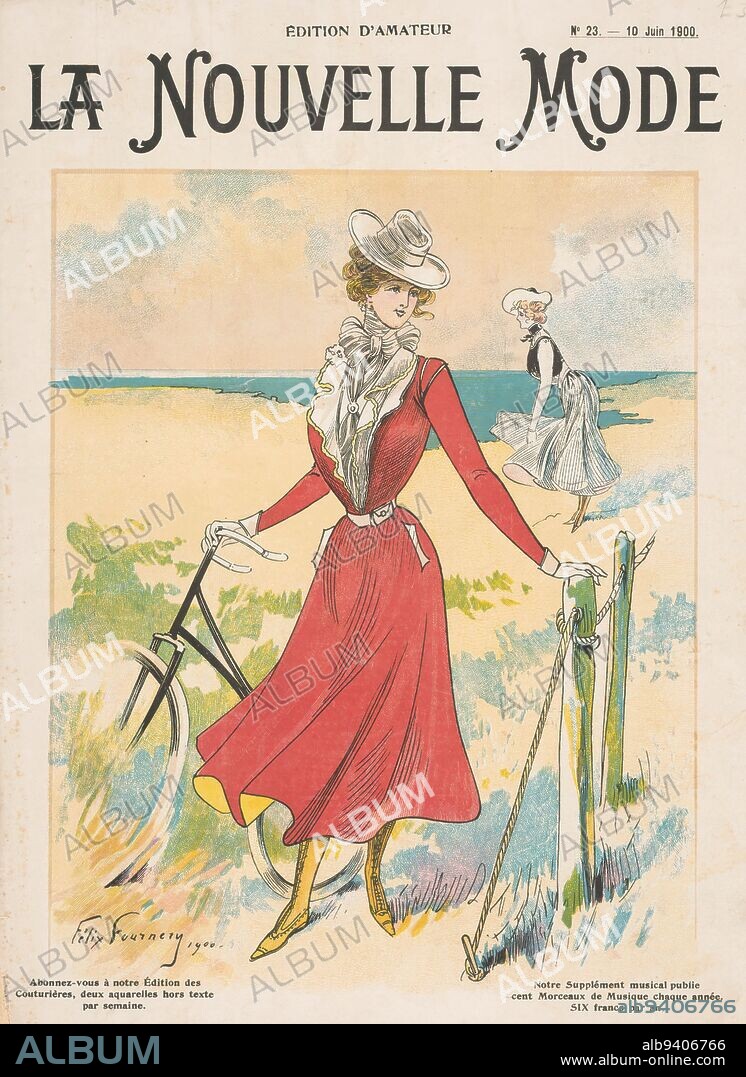 The Fashion Magazine as Temptress, La Nouvelle Mode, No. 23: 10 Juin 1900: cover, La Nouvelle Mode, No. 23, 10 June 1900: cover: two young women in the dunes. The one in front with a bicycle in hand., after drawing by: Félix Fournery, publisher: anonymous, Paris, 1900, paper, height 315 mm × width 235 mm.