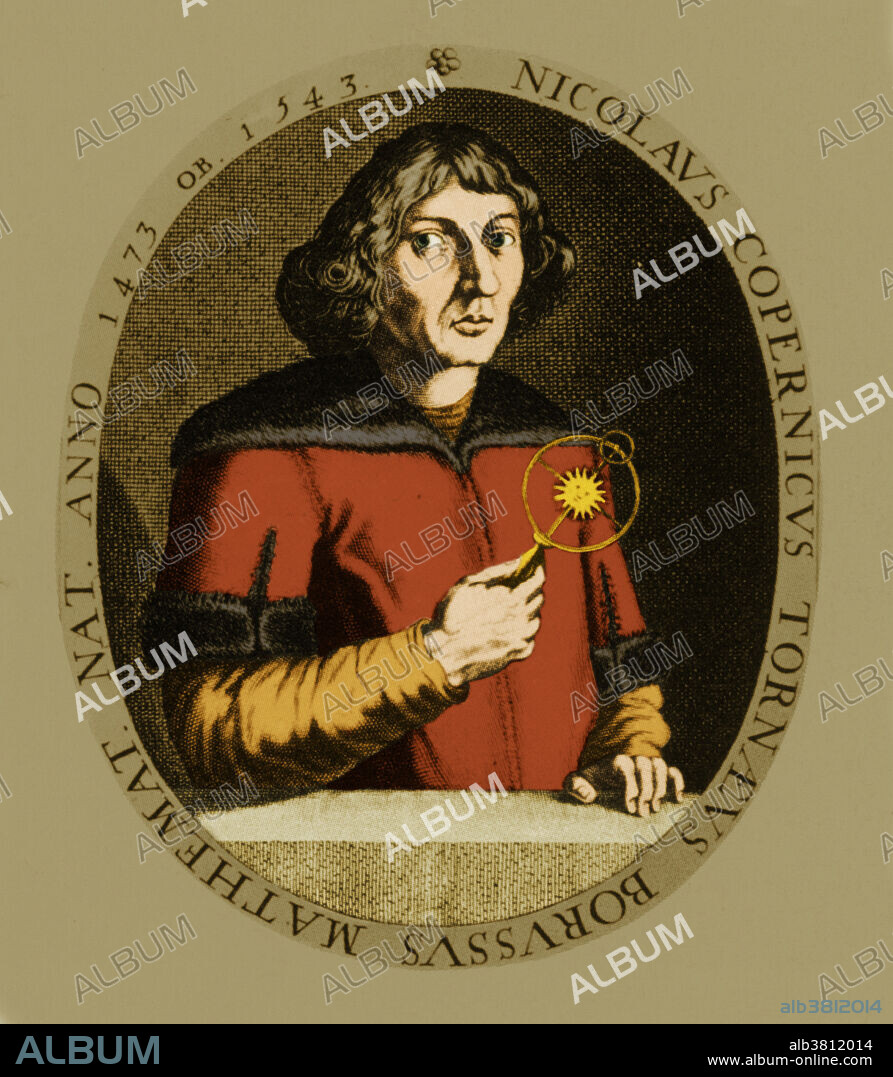 Portrait of Nicolaus Copernicus (1473-1543), the Polish astronomer who first claimed that the Universe was centered around the Sun. From 1512, he developed a mathematical model for this heliocentric theory. This system contrasted with the thousand-year-old Earth-centered Ptolemaic system, to which the Roman Catholic church adhered. Copernicus feared persecution and delayed publication of his book, The Revolution of the Heavenly Spheres, until 1543. The book was banned by the Roman Catholic church from 1616 until 1835. Color enhancement of BN2273.