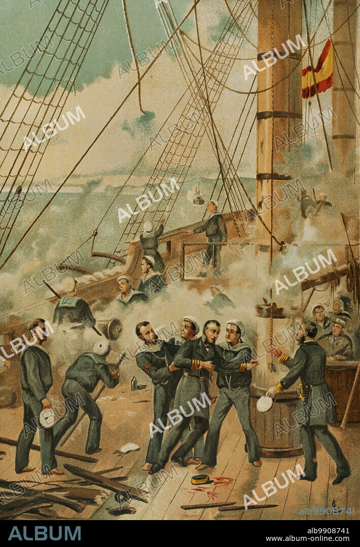 Spanish-South American War. Battle of Callao (2 May 1866). Confrontation in the Peruvian port of Callao between the Spanish fleet, under the command of Admiral Casto Méndez Núñez (1824-1869), and the fortified Peruvian battery emplacements which defended the port. Casto Méndez Núñez wounded during the battle. Chromolithography. "Historia Universal", by César Cantú. Volume X, 1881.